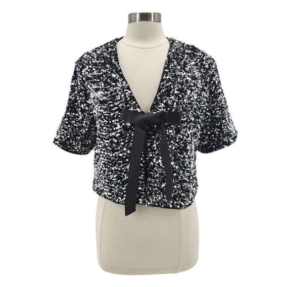 NEW H&M Womens Large Bolero Jacket Sequin Velvet Crop Silver Black Tie Party - Picture 1 of 14